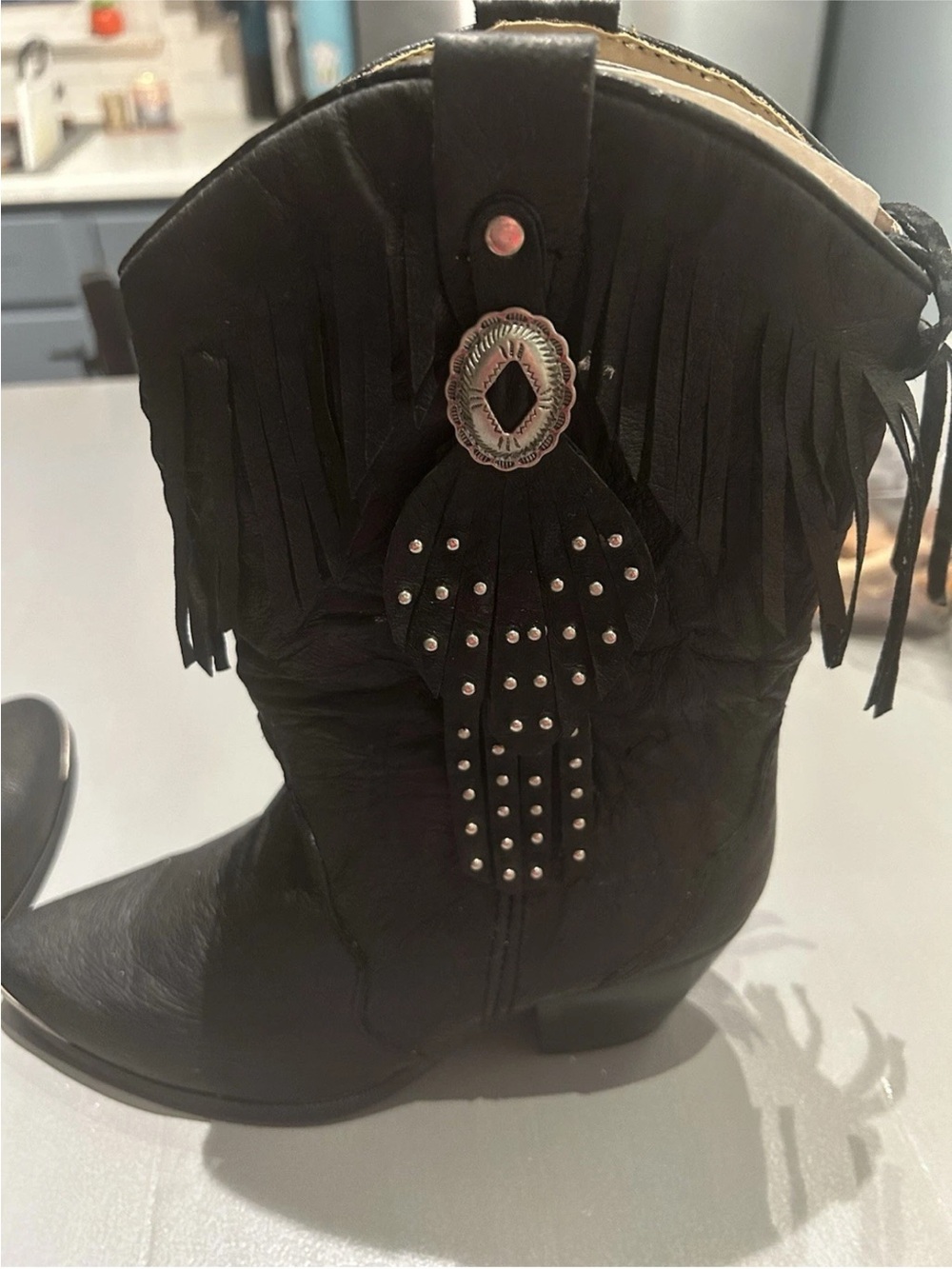 Fringe Studded Western Cowboy Boots - Black